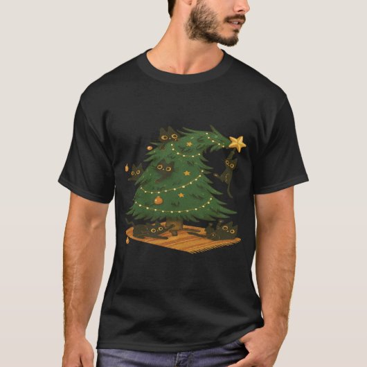 Playful Black Cats Wrecking Christmas Tree T-Shirt (Voorkant)