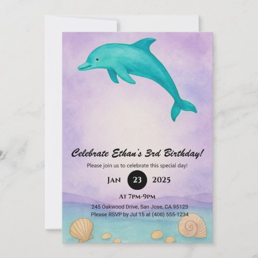 Playful Blue Dolphin & Seashell Ocean Birthday  Kaart (Voorkant)