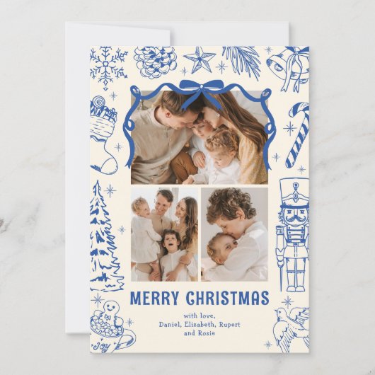 Playful Blue Doodle 3 Photo Christmas Feestdagenkaart (Voorkant)