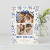 Playful Blue Doodle 3 Photo Christmas Feestdagenkaart (Staand voorkant)