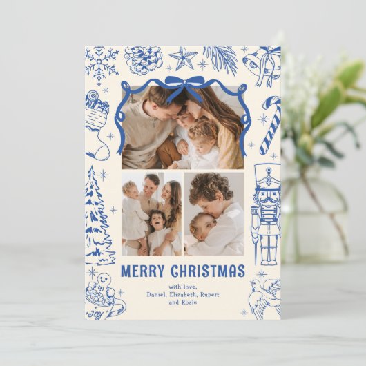 Playful Blue Doodle 3 Photo Christmas Feestdagenkaart (Staand voorkant)
