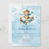Playful blue pilot teddy bear boy shower invites kaart (Voorkant)