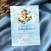 Playful blue pilot teddy bear boy shower invites kaart