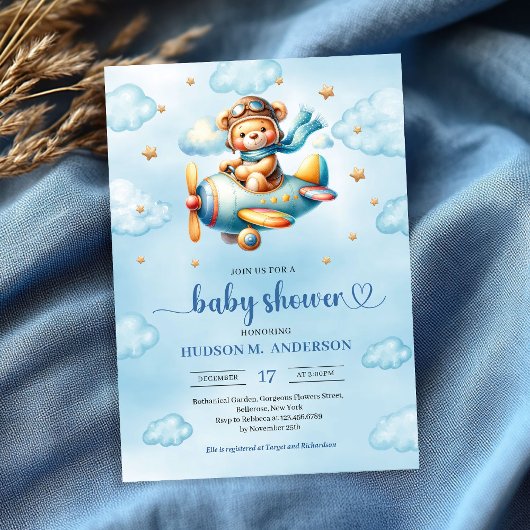 Playful blue pilot teddy bear boy shower invites kaart