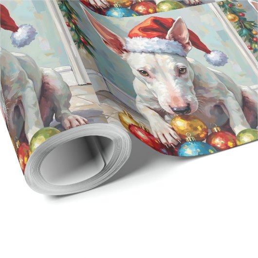 Playful Bull Terrier Dog Guarding Christmas Cadeaupapier (Rol Hoek)