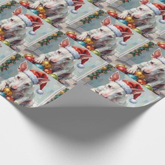 Playful Bull Terrier Dog Guarding Christmas Cadeaupapier (Hoek)