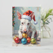 Playful Bull Terrier Dog Guarding Christmas Feestdagenkaart (Staand voorkant)