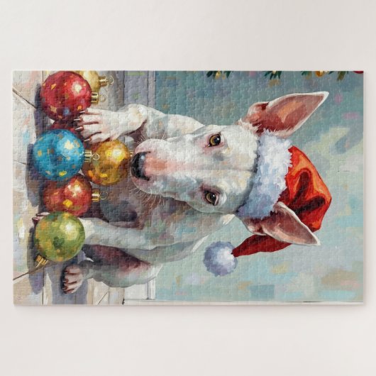 Playful Bull Terrier Dog Guarding Christmas Legpuzzel (Horizontaal)