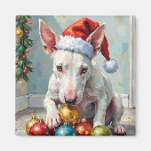 Playful Bull Terrier Dog Guarding Christmas Magneet (Voorkant)