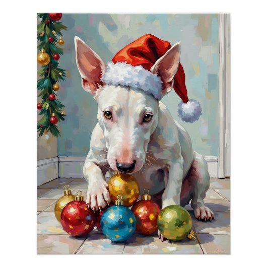 Playful Bull Terrier Dog Guarding Christmas Perfect Poster (Voorkant)