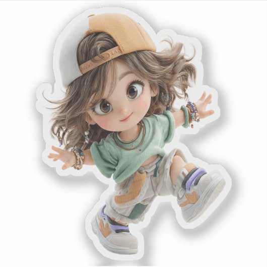 Playful Cap Girl – Premium Chibi Art Sticker (Voorkant)