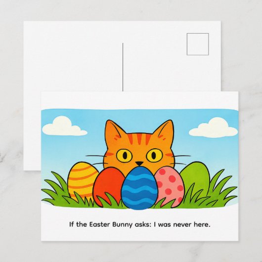 Playful Cartoon Cat Hiding Behind Easter Eggs Briefkaart (Voorkant / Achterkant)