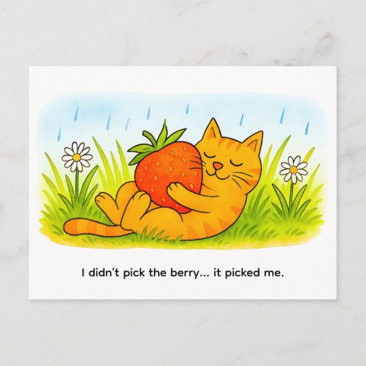 Playful Cartoon Cat Hugging Big Strawberry Briefkaart (Voorkant)