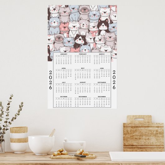 Playful Cartoon Cat Pattern with 2026 Calendar Poster (Keuken)