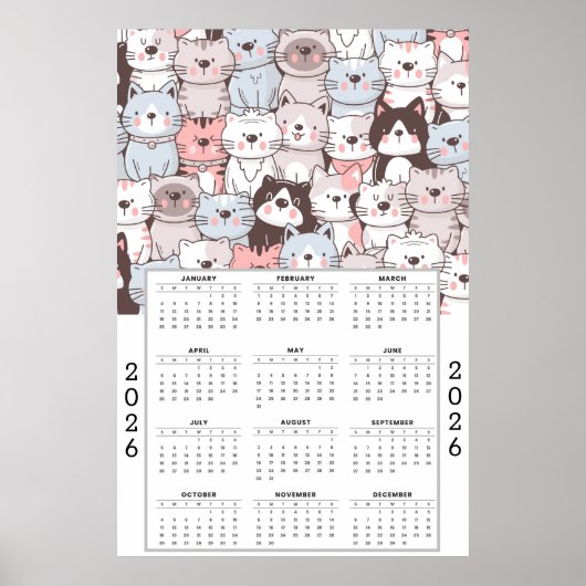 Playful Cartoon Cat Pattern with 2026 Calendar Poster (Voorkant)