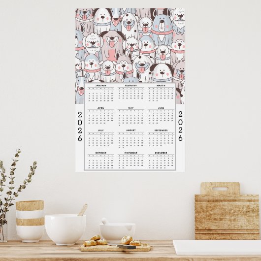 Playful Cartoon Dog Pattern with 2026 Calendar Poster (Keuken)