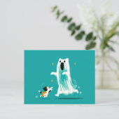 Playful Cat and Friendly Ghost – Cute Halloween Briefkaart (Staand voorkant)