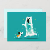 Playful Cat and Friendly Ghost – Cute Halloween Briefkaart (Voorkant / Achterkant)