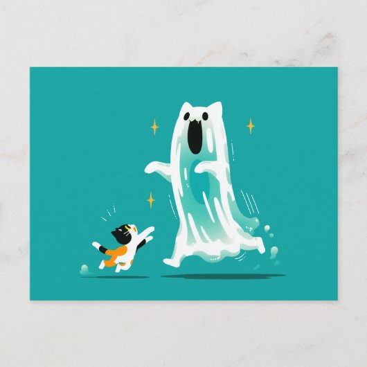 Playful Cat and Friendly Ghost – Cute Halloween Briefkaart (Voorkant)