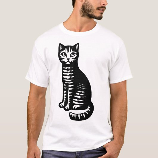 Playful Cat Woodcut Style T-shirt (Voorkant)