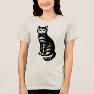 Playful Cat Woodcut Style Tri-Blend Shirt