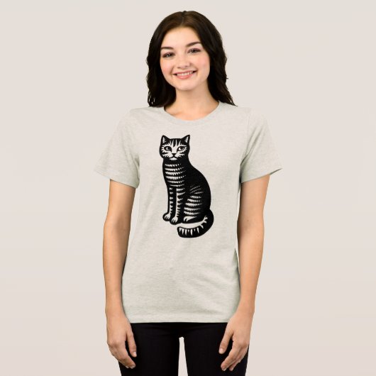 Playful Cat Woodcut Style Tri-Blend Shirt (Voorkant volledig)
