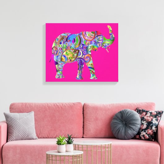 Playful Colorful Elephant Art on Fuchsia Canvas (Insitu (Woonkamer))