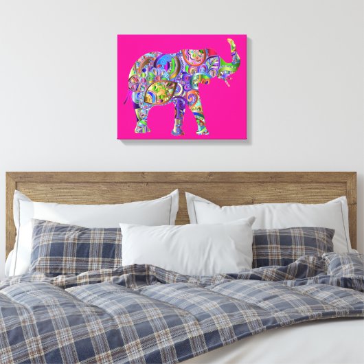 Playful Colorful Elephant Art on Fuchsia Canvas    (Insitu (Slaapkamer))