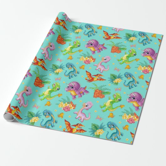 Playful Dinosaur Cadeaupapier (Uitgerold)