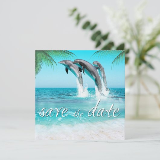 PLAYFUL DOLPHINS TROPICAL OCEAN Save the Date (Staand voorkant)