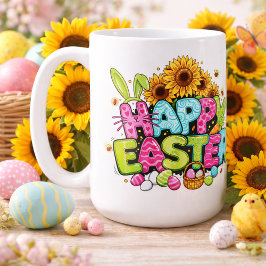 Playful Easter Artwork With Bunny Ears and Florals Koffiemok