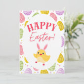 Playful Easter Chick & Colorful Eggs Feestdagenkaart (Staand voorkant)