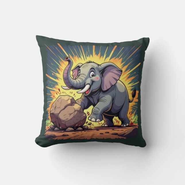 Playful Elephant Pushing a Rock – Fun Cartoon Anim Kussen (Voorkant)