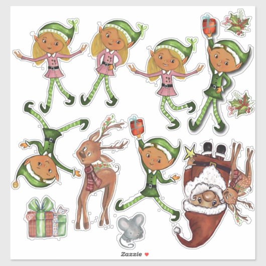 Playful Elves and Dynamic Santa Poses Custom Cut Sticker (Vel)