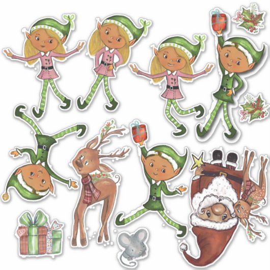 Playful Elves and Dynamic Santa Poses Custom Cut  Sticker (Voorkant)