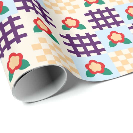 Playful Floral Grid Pattern Cadeaupapier (Rol Hoek)
