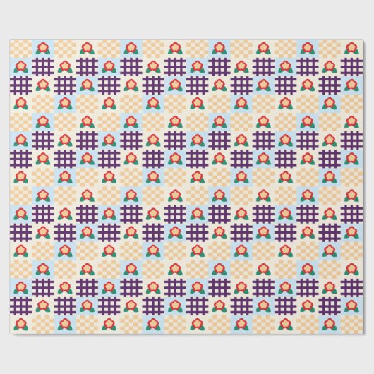 Playful Floral Grid Pattern Cadeaupapier (Vlak)