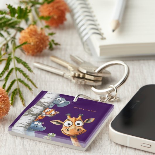 Playful Forest Creatures Purple Square Design Sleutelhanger (Voorkant Rechts)