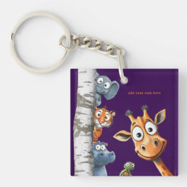 Playful Forest Creatures Purple Square Design Sleutelhanger