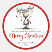 Playful funny deer sticker red green doodle style (Voorkant)