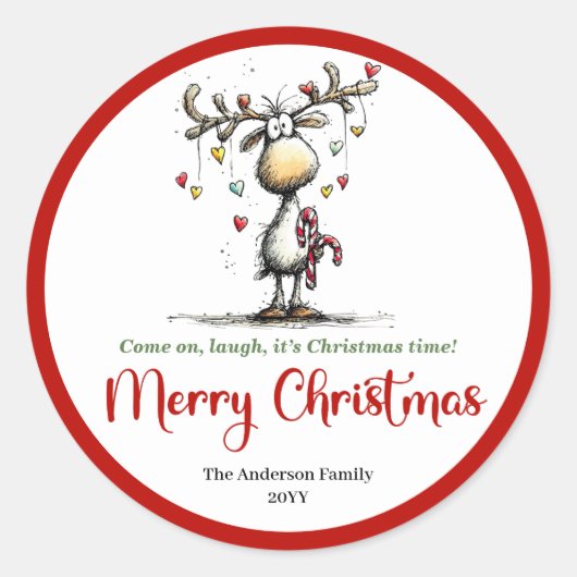 Playful funny deer sticker red green doodle style (Voorkant)