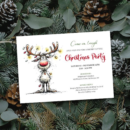 Playful funny reindeer Christmas party invite Kaart