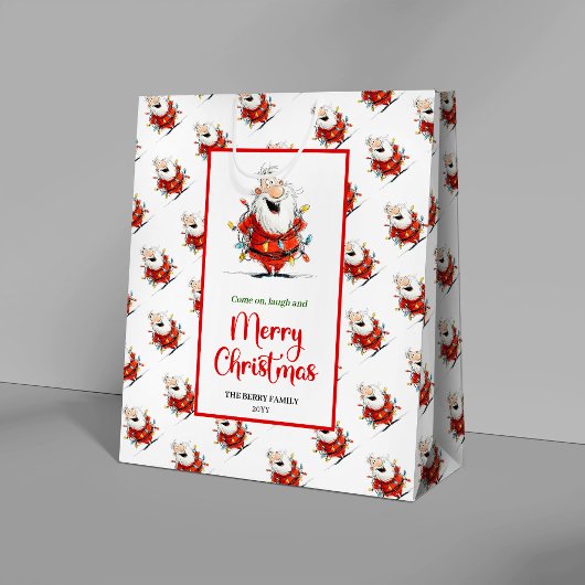 Playful funny Santa artistic red green gift bag Medium Cadeauzakje