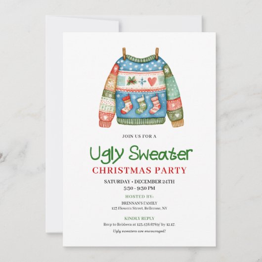 Playful Funny Ugly Sweater Xmas Invite Kaart (Voorkant)