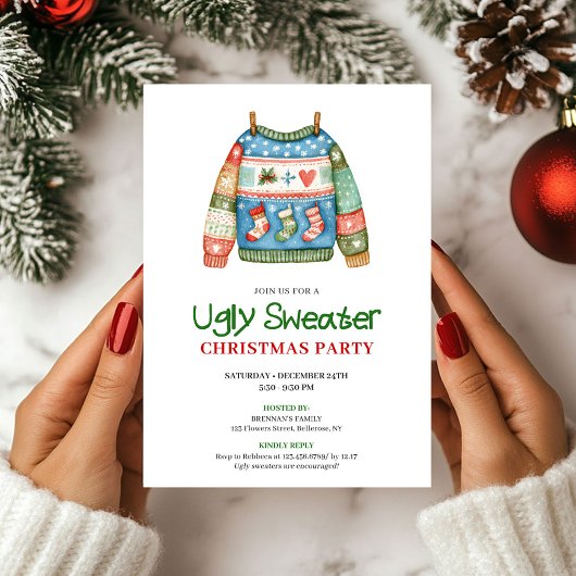 Playful Funny Ugly Sweater Xmas Invite Kaart