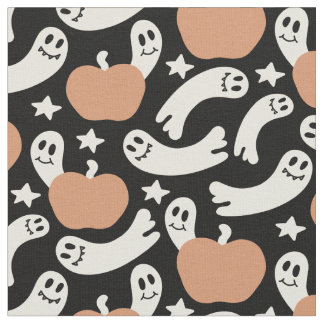 Playful Ghosts and Pumpkins on Black – Halloween R Stof