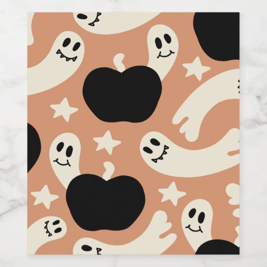 Playful Ghosts and Pumpkins on Black – Halloween Wijn Etiket (Enkel label)