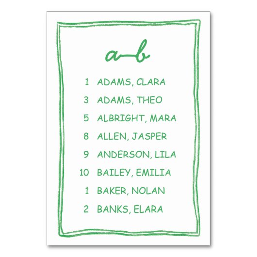 Playful Gre Doodle Alphabet Seating Chart Kaart (Voorkant)