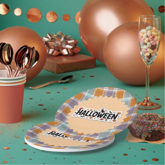 Playful Halloween Plaid Papieren Bordje (Multi)
