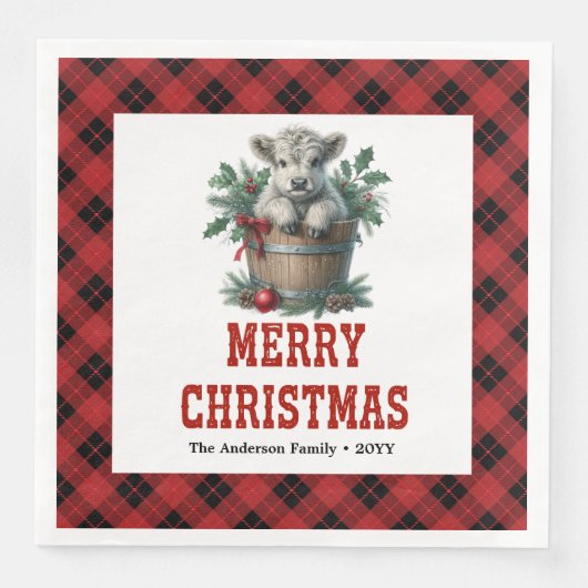 Playful highland cow red black tartan napkins servet (Voorkant)